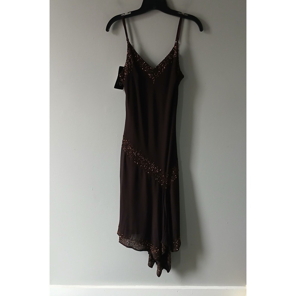 Brown Beaded Slip Dress - 1930s Inspired Spaghetti Strap